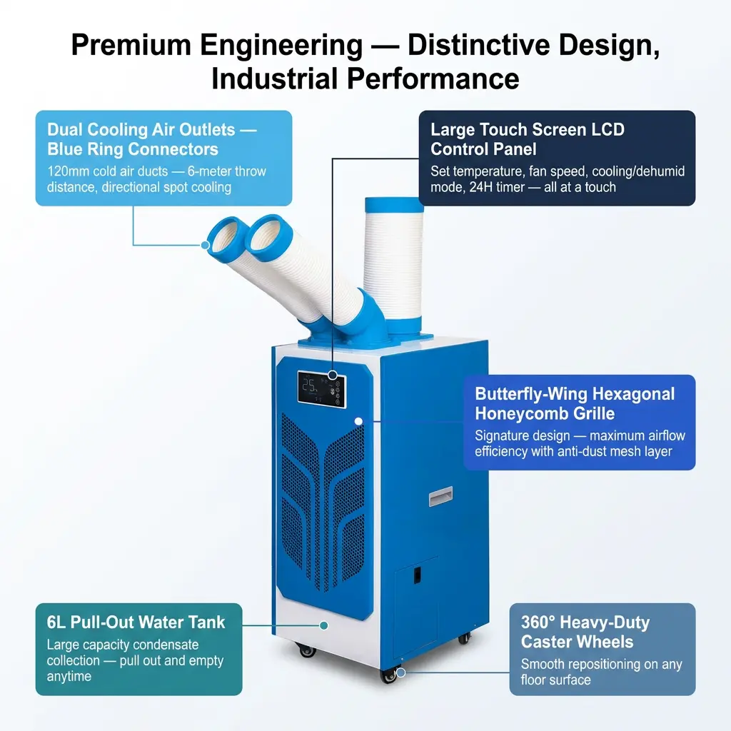 Sayap Rama-Rama Tersuai Heksagon Honeycomb 24J Pemasa Spot Cooler Industri Mudah Alih Dengan Khemah Acara Luaran Sayap Rama-Rama Tersuai Heksagon Honeycomb 24J Pemasa Spot Cooler Industri Mudah Alih Dengan Khemah Acara Luaran